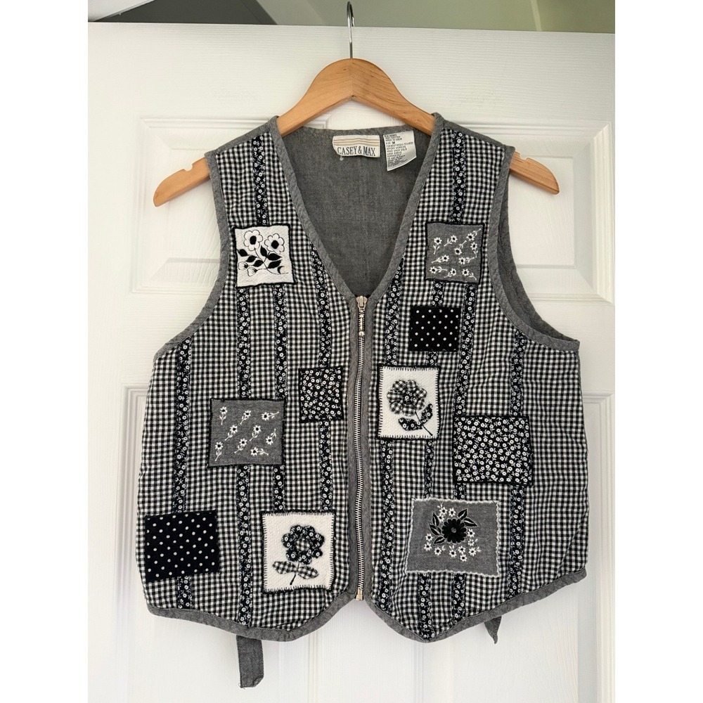 Casey & Max Gingham Patchwork Gray Vest Cottage Grandma Eclectic Funky